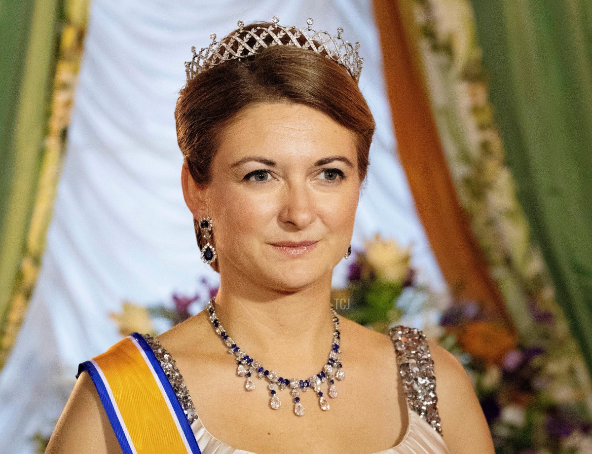 Hereditary Grand Duchess Stephanie of Luxembourg at the Palais Grand-Ducal in Luxembourg, on May 23, 2018, official photo moment before the State Banquet on the 1st day of the State visit