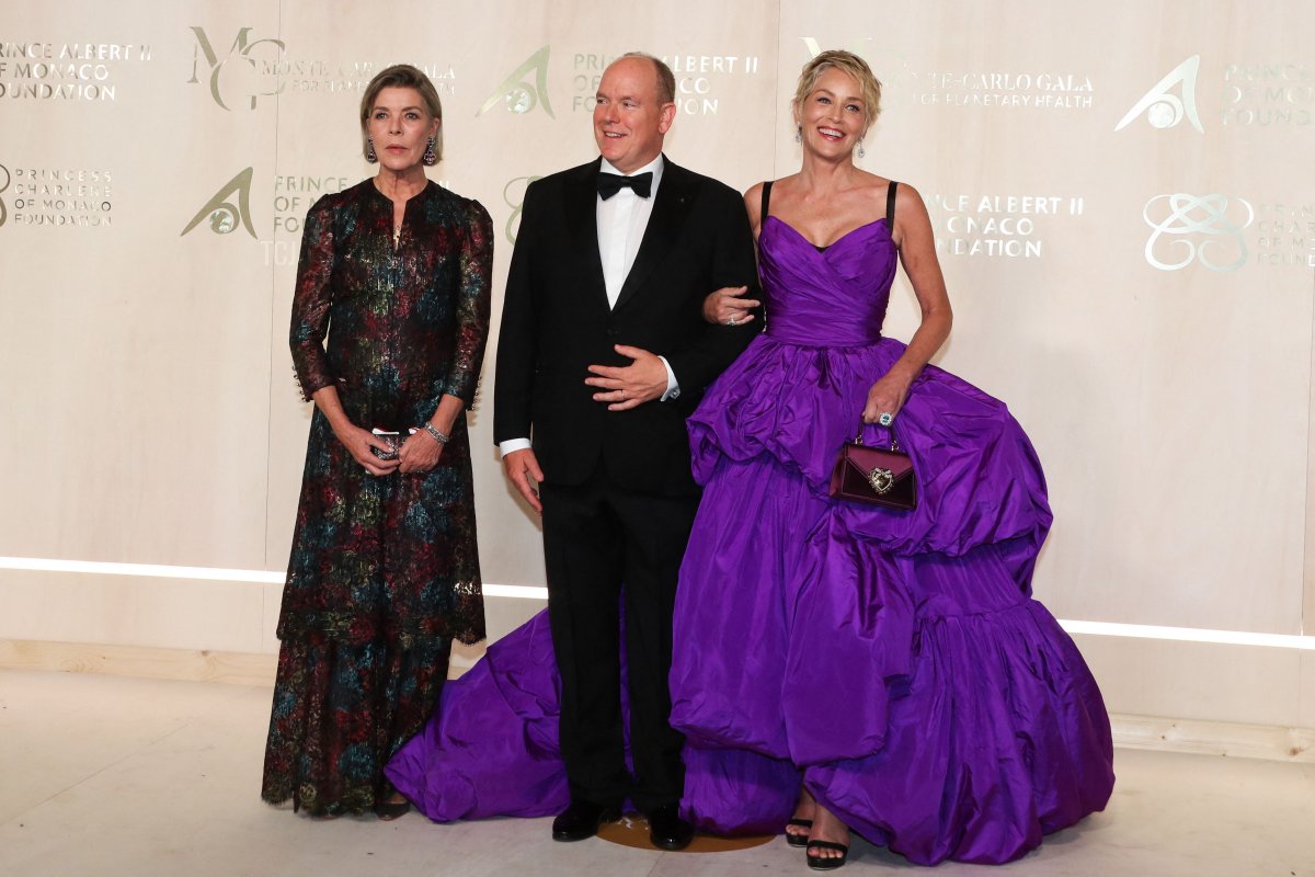 American actress Sharon Stone, Prince's Albert II of Monaco and Princess Caroline of Hanover pose during the photocall ahead of the 2021 Monte-Carlo Gala for Planetary Health at the Palais de Monaco, in Monaco, on September 23, 2021