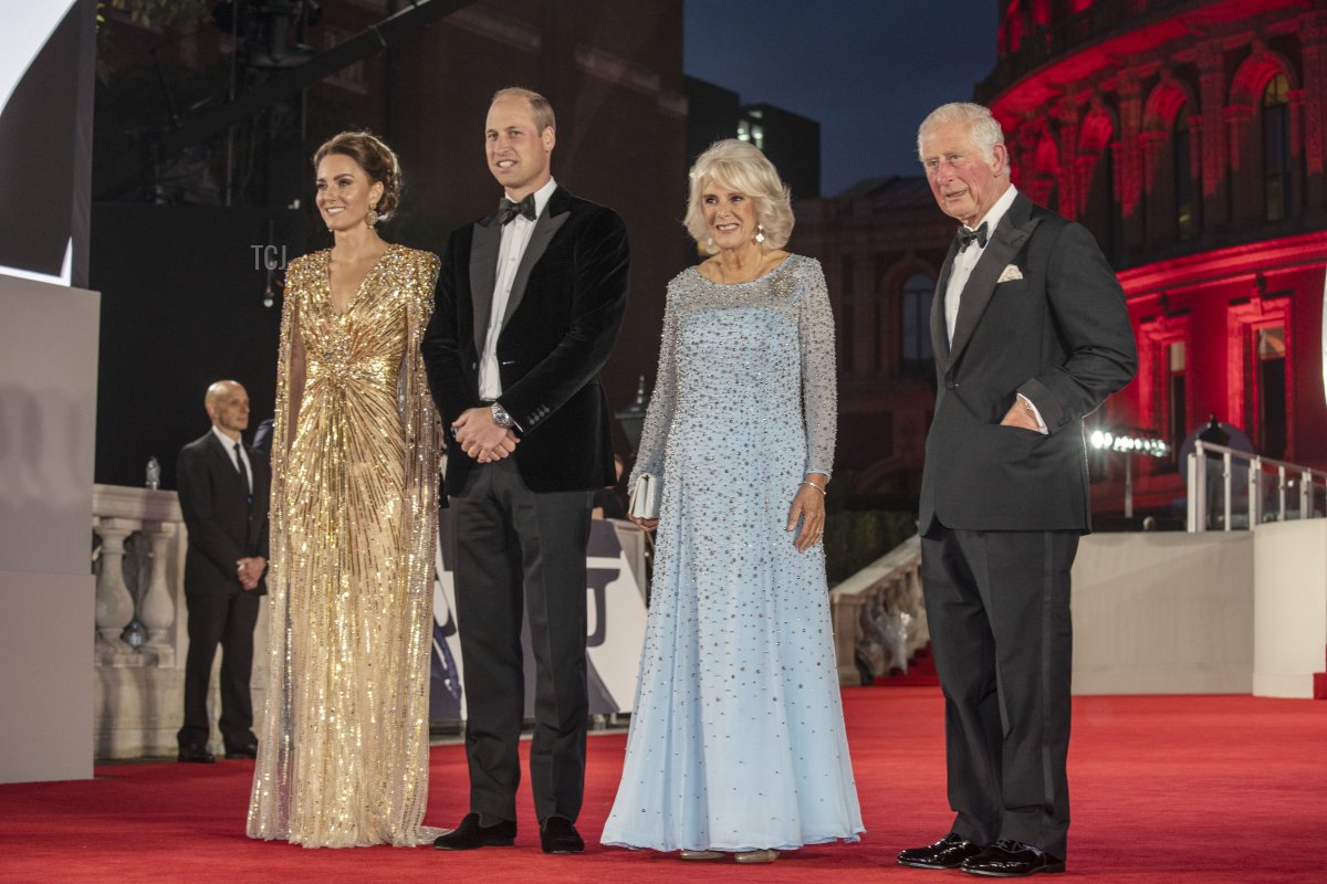 Catherine, Duchess of Cambridge, Prince William, Duke of Cambridge, Camilla, Duchess of Cornwall and Prince Charles, Prince of Wales attend the "No Time To Die" World Premiere at Royal Albert Hall on September 28, 2021 in London, England