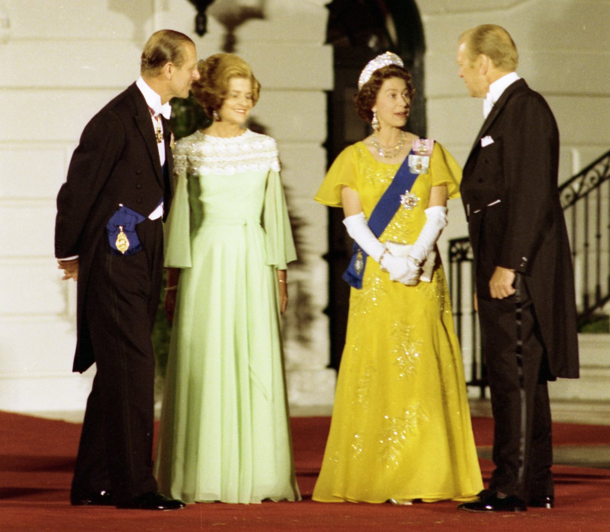 President Gerald R. Ford and First Lady Betty Ford Standing With Queen Elizabeth II and Prince Philip of Great Britain on the South Portico of the White House Prior to a State Dinner Honoring Her Majesty and Prince Philip