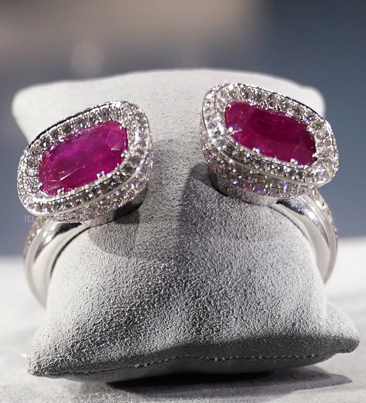 The former Duchess of Windsor's Art Deco ruby and diamond bangle, given by the former Duke of Windsor to his wife on their first wedding anniversary in 1938, is seen during a press preview September 28, 2021, at Christie's in New York