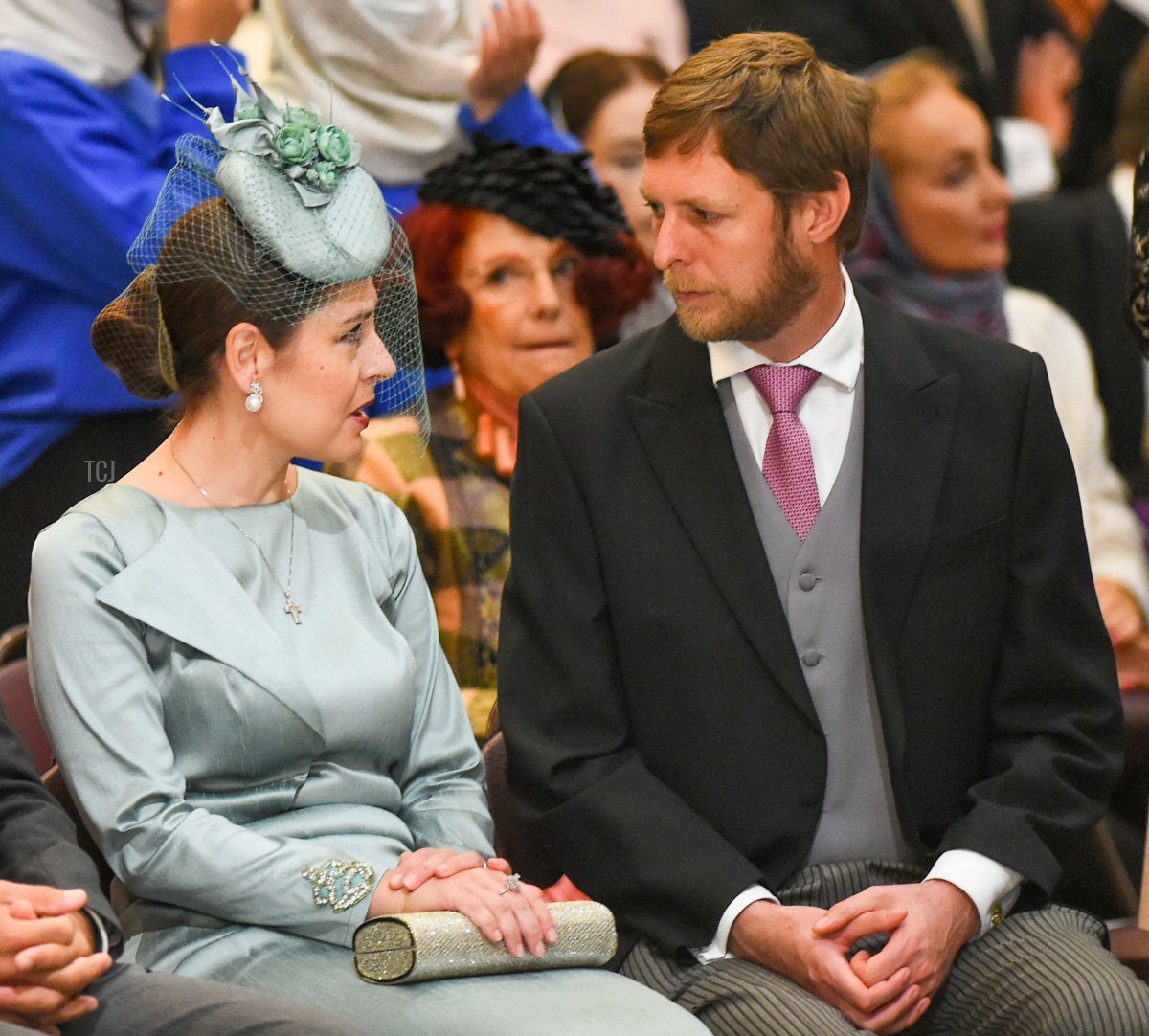 Crown Prince Leka (R) and Crown Princess Elia of Albania attend the wedding ceremony of Grand Duke George Mikhailovich Romanov and Victoria Romanovna Bettarini at Saint Isaac's Cathedral in Saint Petersburg, on October 1, 2021