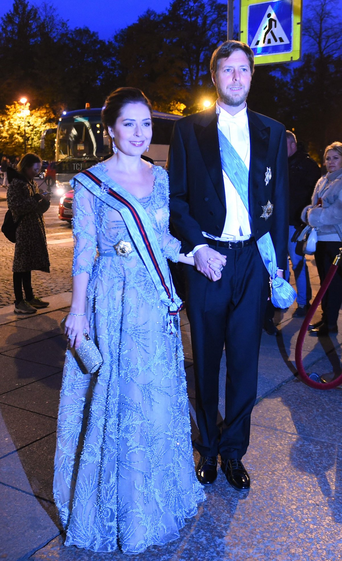 Albania's pretender to the throne, Crown Prince Leka Zogu II, the grandson of self-proclaimed King Zog and his wife Elia Zaharia arrive to attend a dinner during the wedding of Grand Duke George Mikhailovich Romanov, and Victoria Romanovna Bettarini in Saint Petersburg, on October 1, 2021