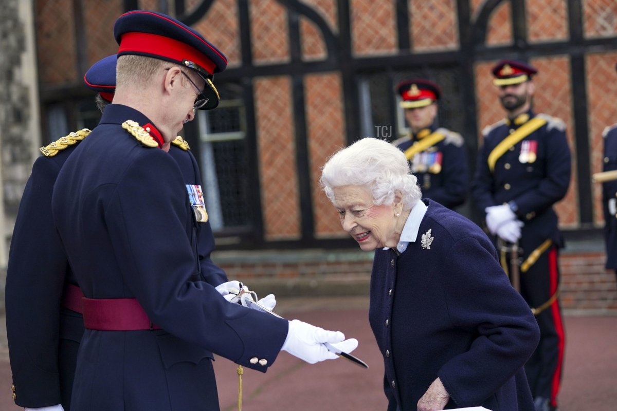 Queen Elizabeth II meets members of the Royal Regiment of Canadian Artillery at Windsor Castle, on October 6, 2021 in Windsor, England