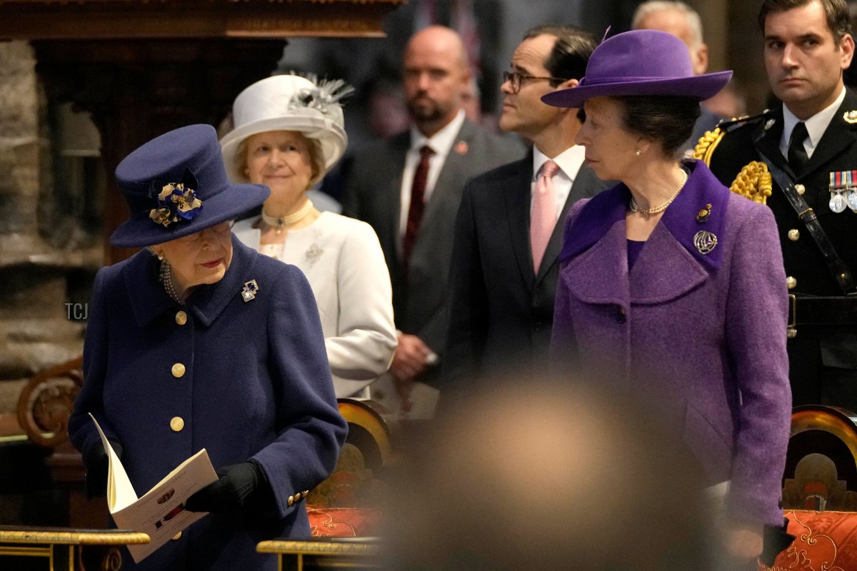 Britain's Queen Elizabeth II (L) and Britain's Princess Anne, Princess Royal (R) attend a Service of Thanksgiving to mark the Centenary of the Royal British Legion at Westminster Abbey in London on October 12, 2021