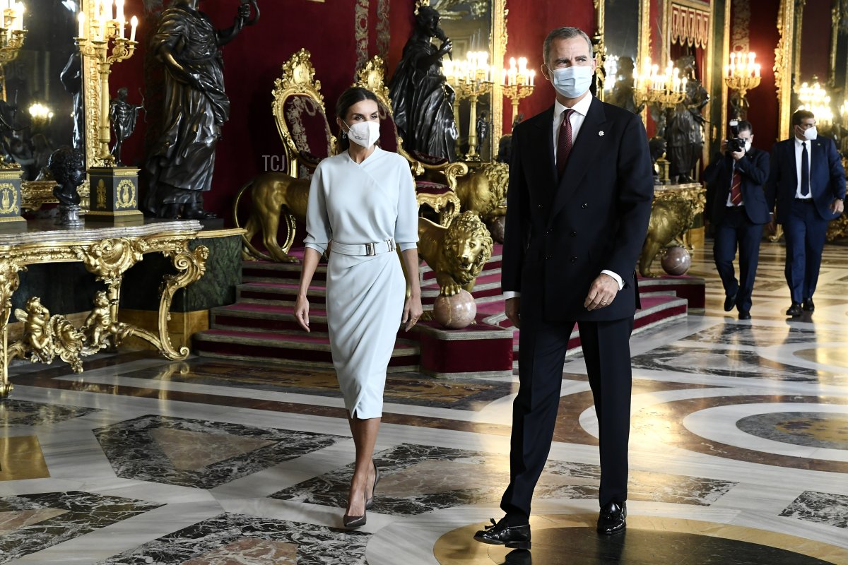 King Felipe VI of Spain and Queen Letizia of Spain attend a reception during the National Day at the Royal Palace on October 12, 2021 in Madrid, Spain