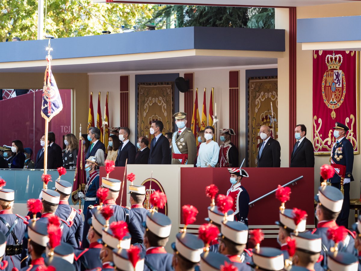 King Felipe of Spain, Queen Letizia of Spain, Princess Leonor and the president of the Spanish government Pedro Sánchez attend the National Day Military Parade on October 12, 2021 in Madrid, Spain