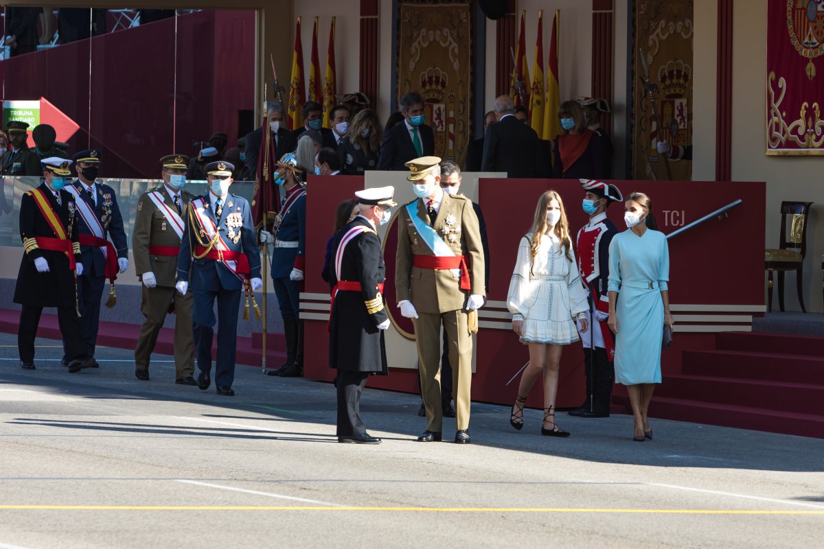 King Felipe of Spain, Queen Letizia of Spain, Princess Leonor and the president of the Spanish government Pedro Sánchez attend the National Day Military Parade on October 12, 2021 in Madrid, Spain