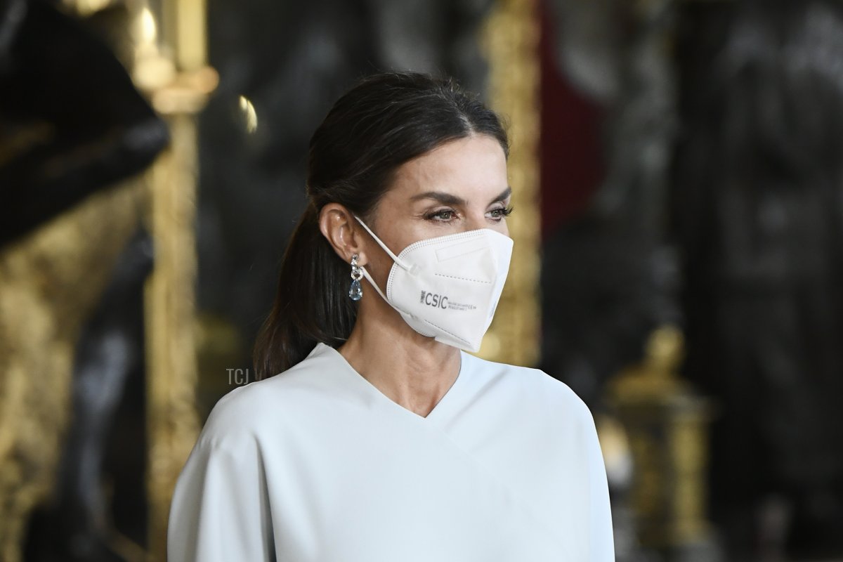 Queen Letizia of Spain attends a reception during the National Day at the Royal Palace on October 12, 2021 in Madrid, Spain