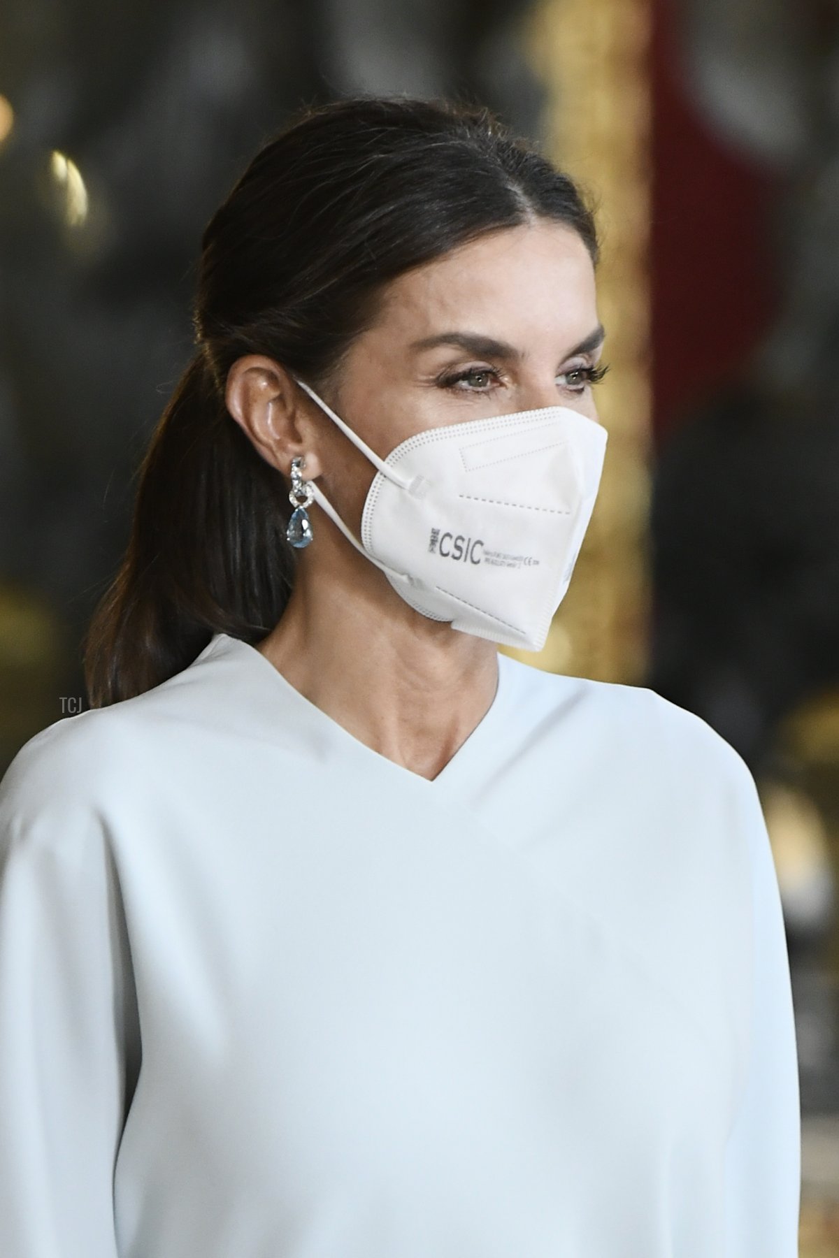 Queen Letizia of Spain attends a reception during the National Day at the Royal Palace on October 12, 2021 in Madrid, Spain