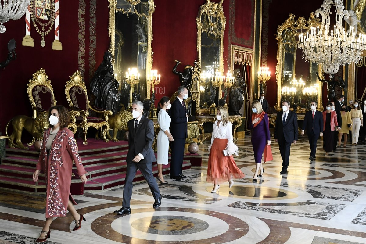 King Felipe VI of Spain and Queen Letizia of Spain attend a reception during the National Day at the Royal Palace on October 12, 2021 in Madrid, Spain