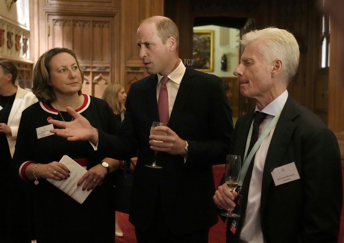 Prince William, Duke of Cambridge greets guests during a reception for international business and investment leaders at Windsor Castle to mark the Global Investment Summit on October 19, 2021 in Windsor, England