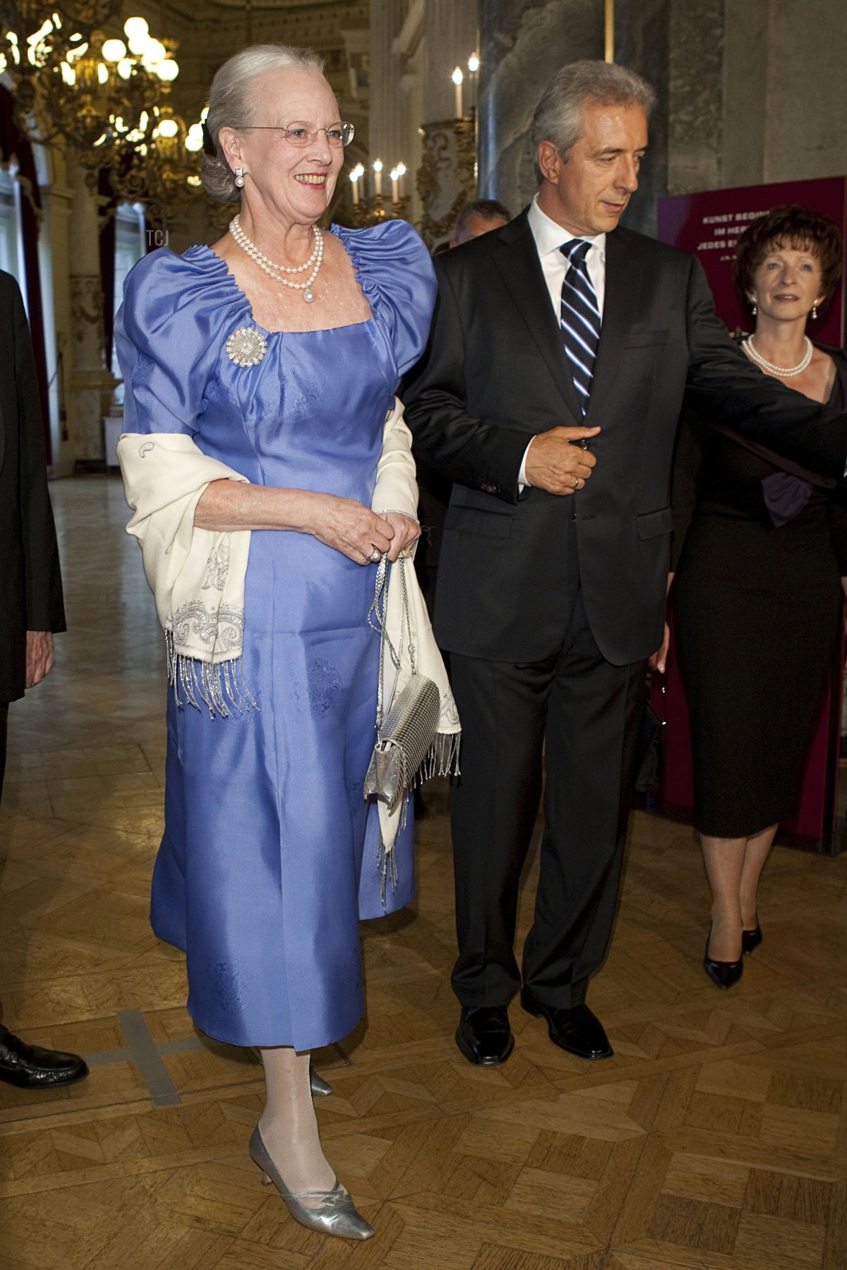 Queen Margrethe II of Denmark and Governor of Saxony Stanislaw Tillich (R) arrive to a performance of the ballet "Giselle" at the Semper Opera on August 22, 2009 in Dresden, Germany. Queen Margrethe is on a two-day visit to Germany