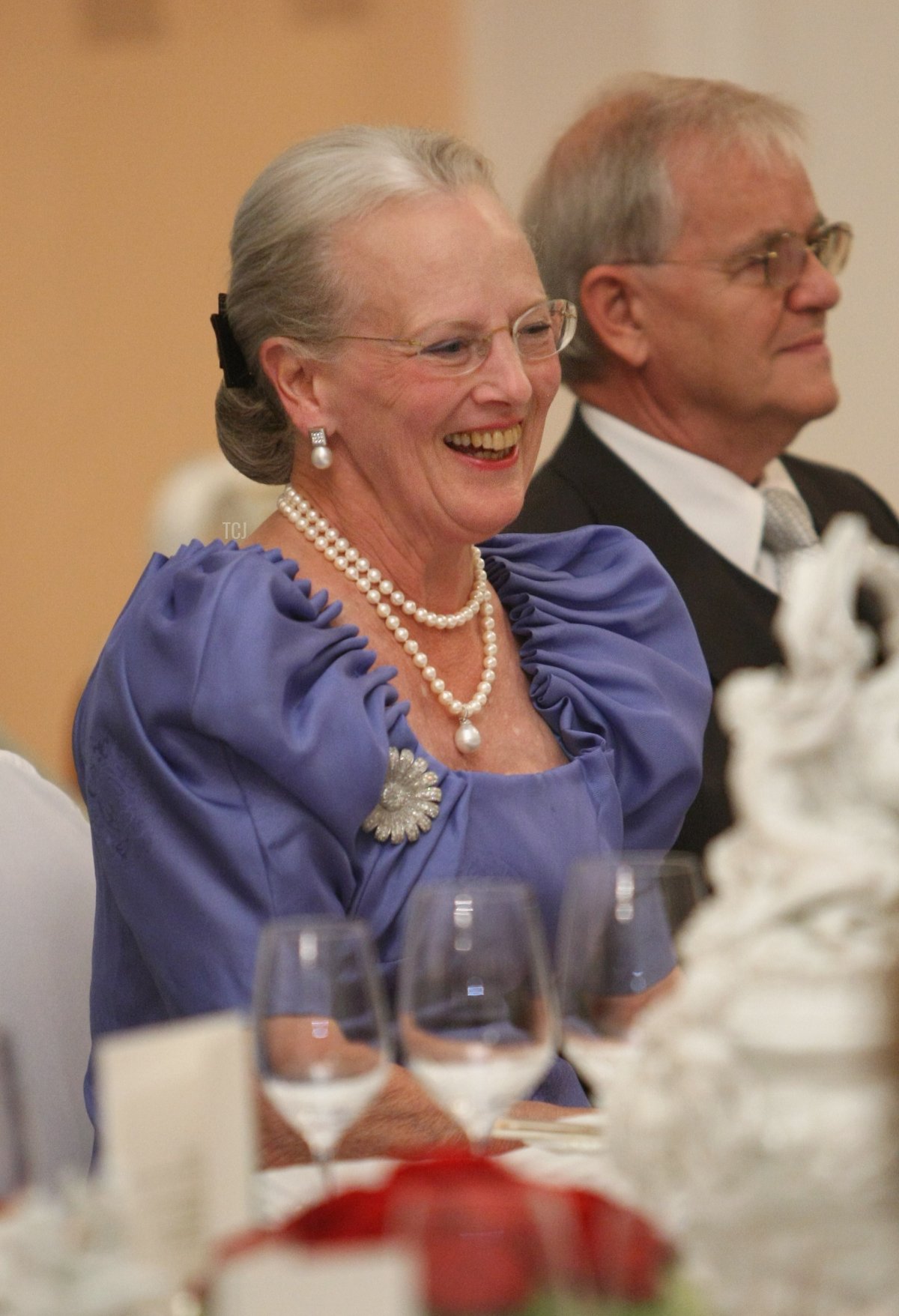 Queen Margrethe II of Denmark and Erich Iltgen, President of the Saxony State Parliament, attend an honourary dinner for the Queen in the Meissen porcelain exhibition at the Zwinger art museum on August 22, 2009 in Dresden, Germany