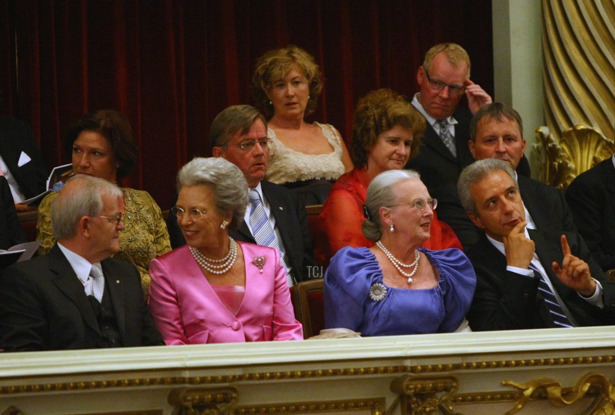 Saxony State Parliament President Erich Iltgen, Princess Benedikte of Denmark, Queen Margrethe II of Denmark and Saxony Governor Stanislaw Tillich chat while they attend a performance of the ballet "Giselle" at the Semper on August 22, 2009 in Dresden, Germany