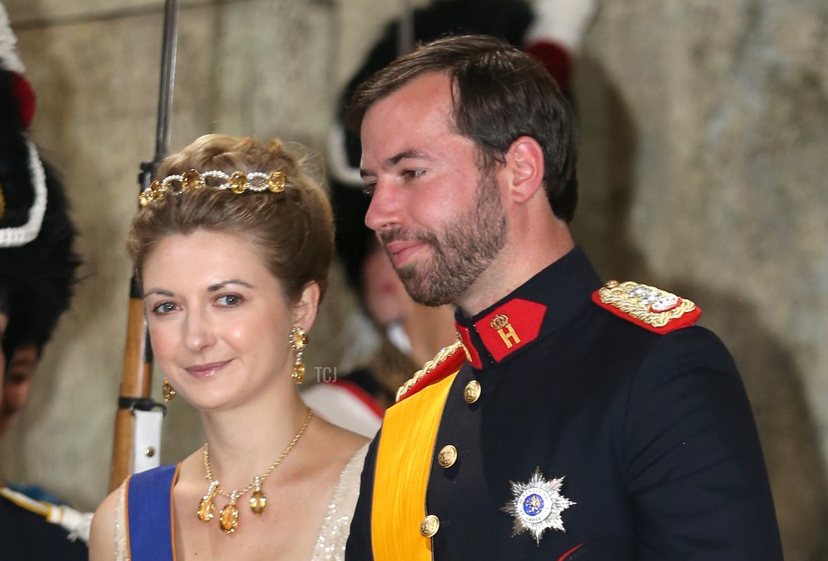 Princess Stephanie and Prince Guillaume of Luxembourg depart from the wedding ceremony of Princess Madeleine of Sweden and Christopher O'Neill hosted by King Carl Gustaf XIV and Queen Silvia at The Royal Palace on June 8, 2013 in Stockholm, Sweden
