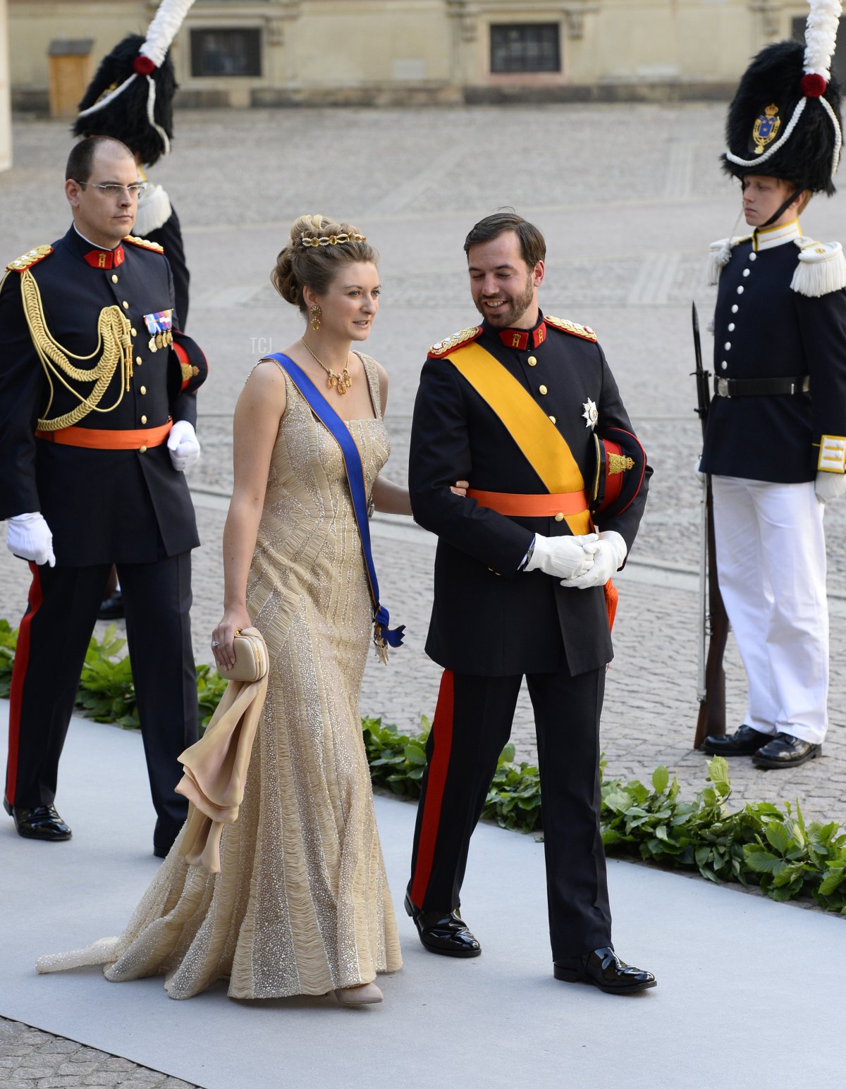 Crown Princess Stephanie of Luxembourg (L) and Prince Guillaume of Luxembourg arrive on June 8, 2013 to the Royal chapel for Princess Madeleine of Sweden and Christopher O'Neill 's wedding ceremony at the Royal castle in Stockholm, June 8, 2013