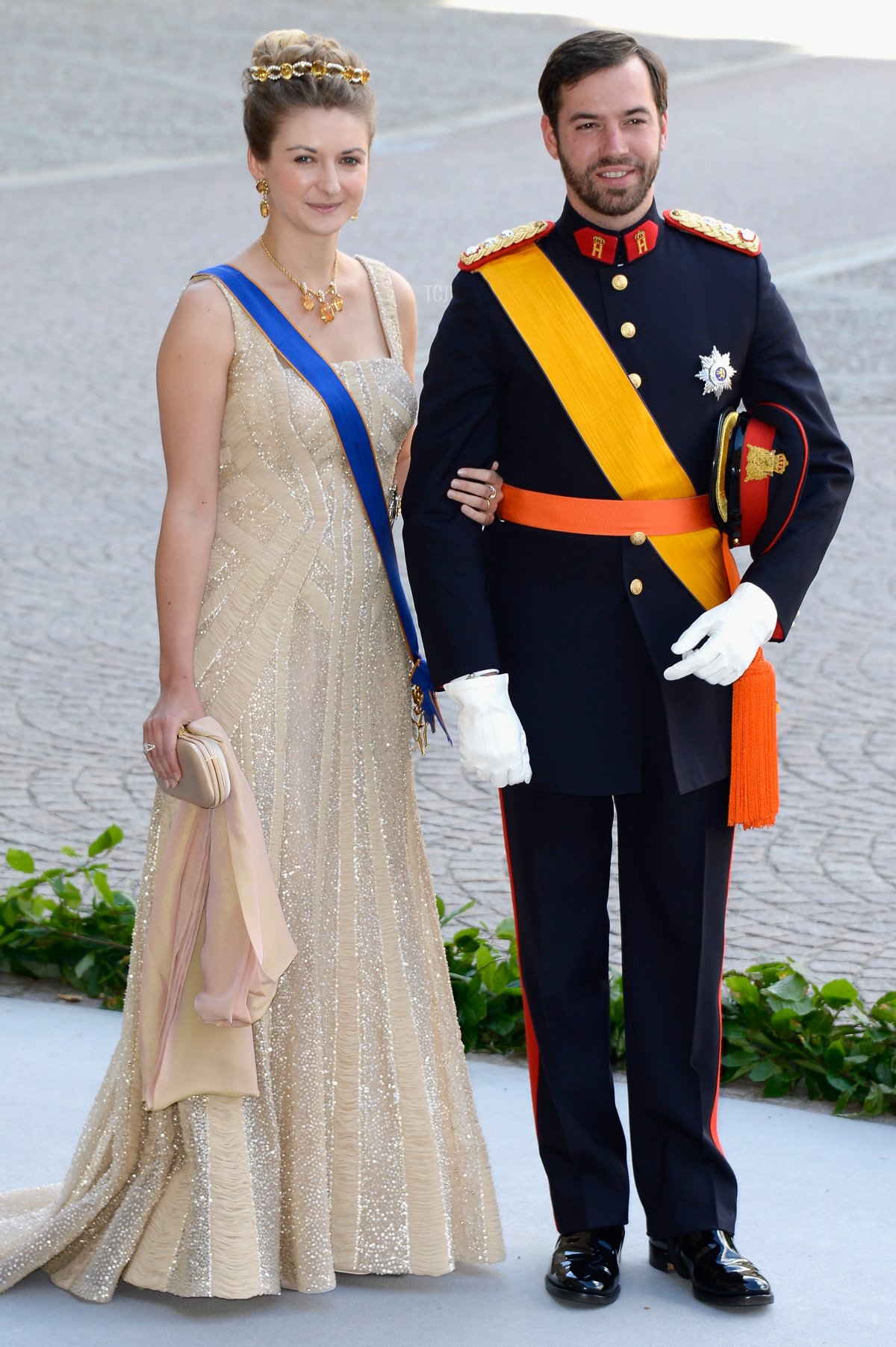 Her Royal Highness Crown Princess Stephanie of Luxembourg and Prince Guillaume of Luxembourg attend the wedding of Princess Madeleine of Sweden and Christopher O'Neill hosted by King Carl Gustaf XIV and Queen Silvia at The Royal Palace on June 8, 2013 in Stockholm, Sweden