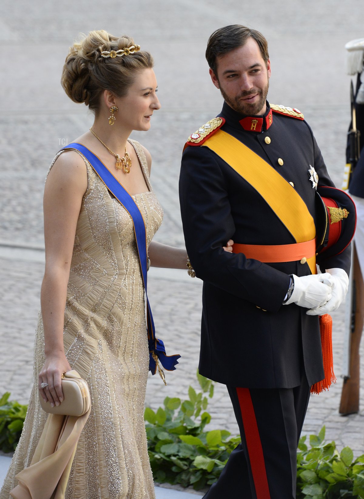 Crown Princess Stephanie of Luxembourg (L) and Prince Guillaume of Luxembourg arrive on June 8, 2013 to the Royal chapel for Princess Madeleine of Sweden and Christopher O'Neill 's wedding ceremony at the Royal castle in Stockholm, June 8, 2013