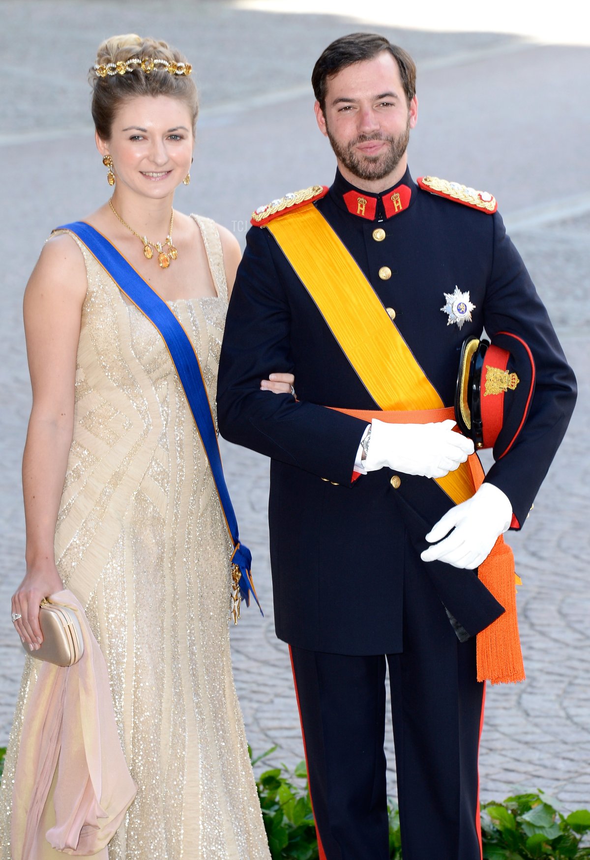 Her Royal Highness Crown Princess Stephanie of Luxembourg and Prince Guillaume of Luxembourg attend the wedding of Princess Madeleine of Sweden and Christopher O'Neill hosted by King Carl Gustaf XIV and Queen Silvia at The Royal Palace on June 8, 2013 in Stockholm, Sweden