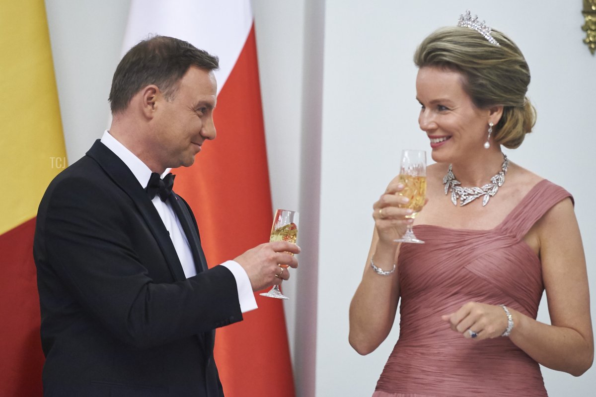 Polish President Andrzej Duda and Queen Mathilde of Belgium while official dinner at Presidential Palace as part of official Royal visit in Poland on October 13, 2015 in Warsaw, Poland