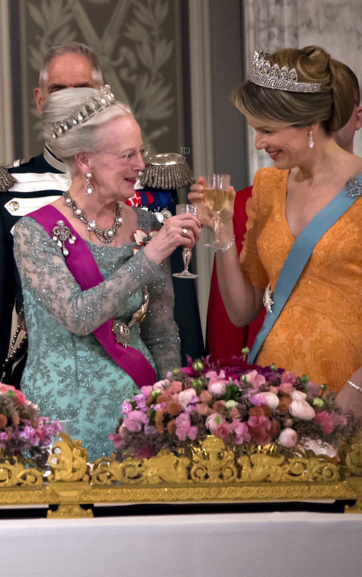Danish Queen Margrethe and Belgian Queen Mathilde during the Royal toast during the state-visit to Denmark on March 28, 2017 at Christiansborg Castle in Copenhagen