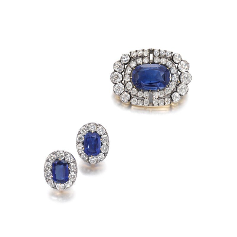 Historically important sapphire and diamond brooch and a pair ear clips, circa 1900