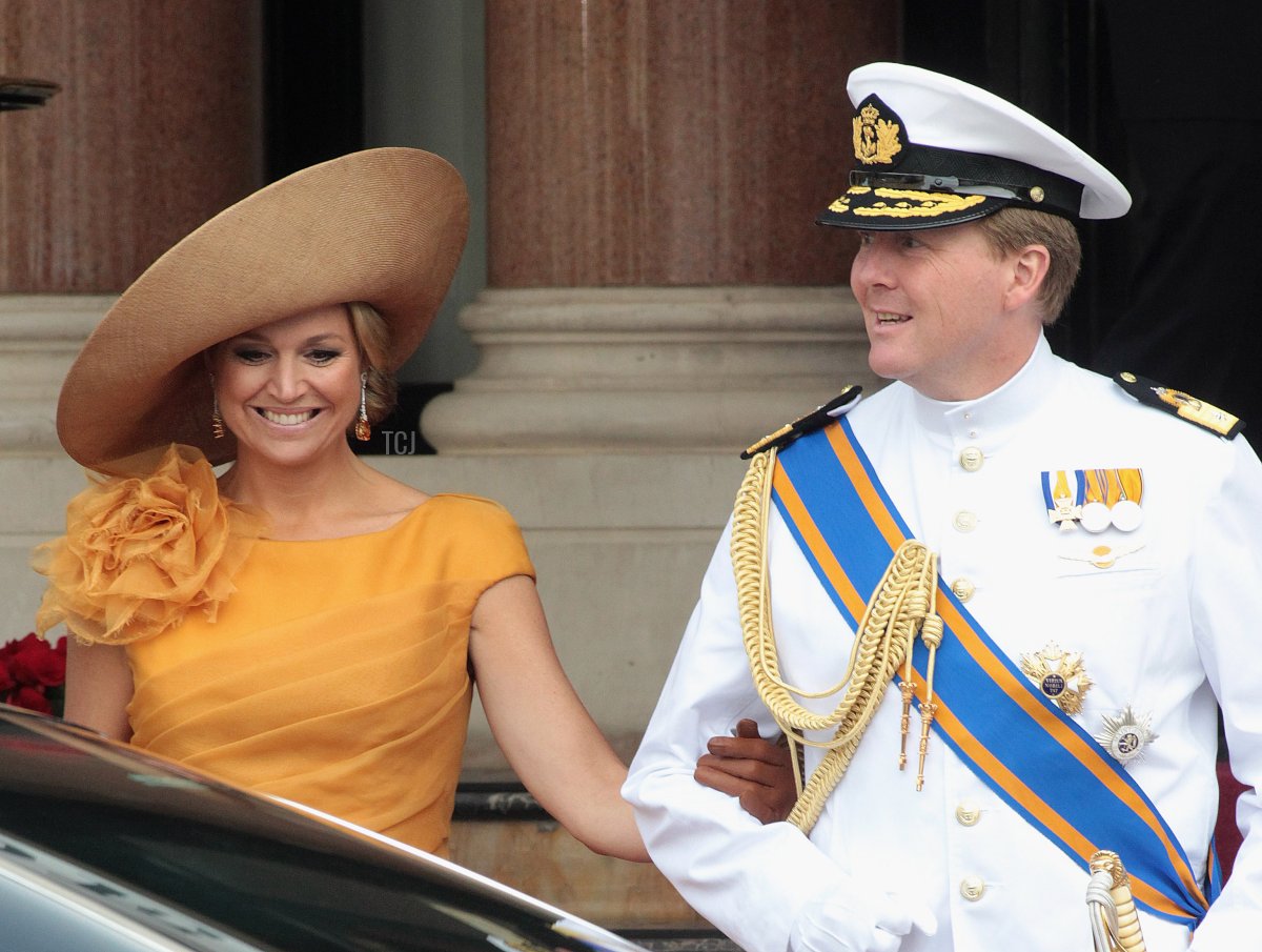 Princess Maxima of the Netherlands and Prince Willem-Alexander are seen leaving the Hotol de Paris to attend the religious ceremony of the Royal Wedding of Prince Albert II of Monaco to Charlene Wittstock in the main courtyard on July 2, 2011 in Monaco, Monaco