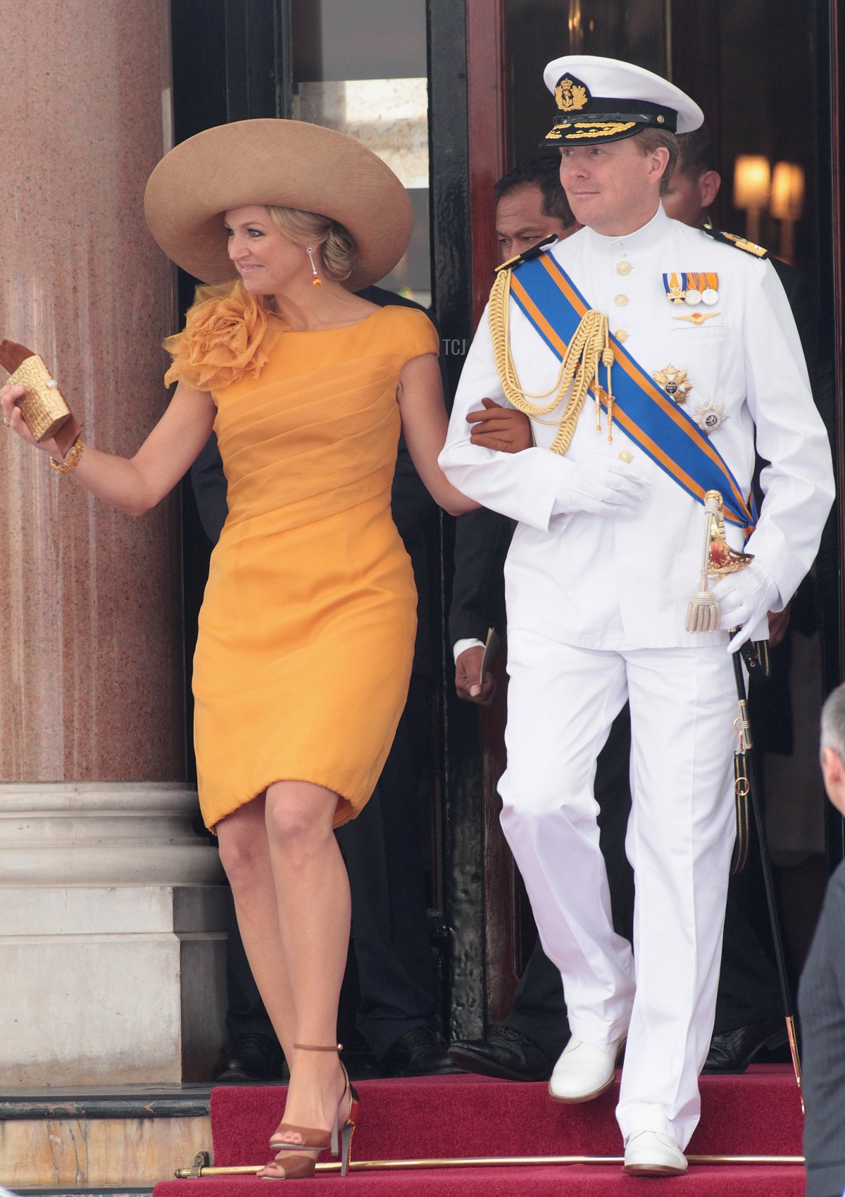 Princess Maxima of the Netherlands and Prince Willem-Alexander are seen leaving the Hotol de Paris to attend the religious ceremony of the Royal Wedding of Prince Albert II of Monaco to Charlene Wittstock in the main courtyard on July 2, 2011 in Monaco, Monaco