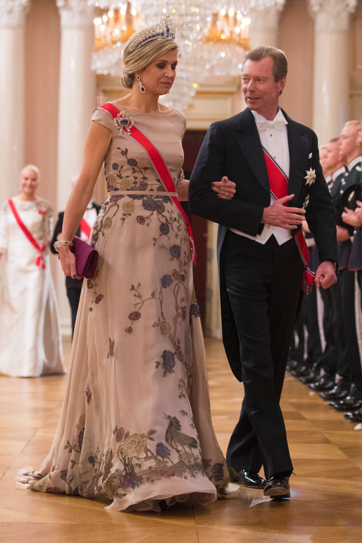 Grand Duke Henri of Luxembourg and Queen Maxima of the Netherlands arrive for a gala dinner at the Royal Palace in Oslo, Norway on May 9, 2017 to mark the 80th Birthday of the King and Queen
