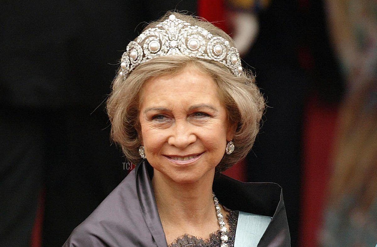 Queen Sofia of Spain attends the wedding of Danish Crown Prince Frederik and Miss Mary Elizabeth Donaldson in Copenhagen Cathedral May 14, 2004 in Copenhagen