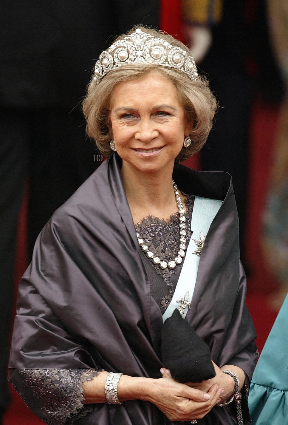 Queen Sofia of Spain attends the wedding of Danish Crown Prince Frederik and Miss Mary Elizabeth Donaldson in Copenhagen Cathedral May 14, 2004 in Copenhagen