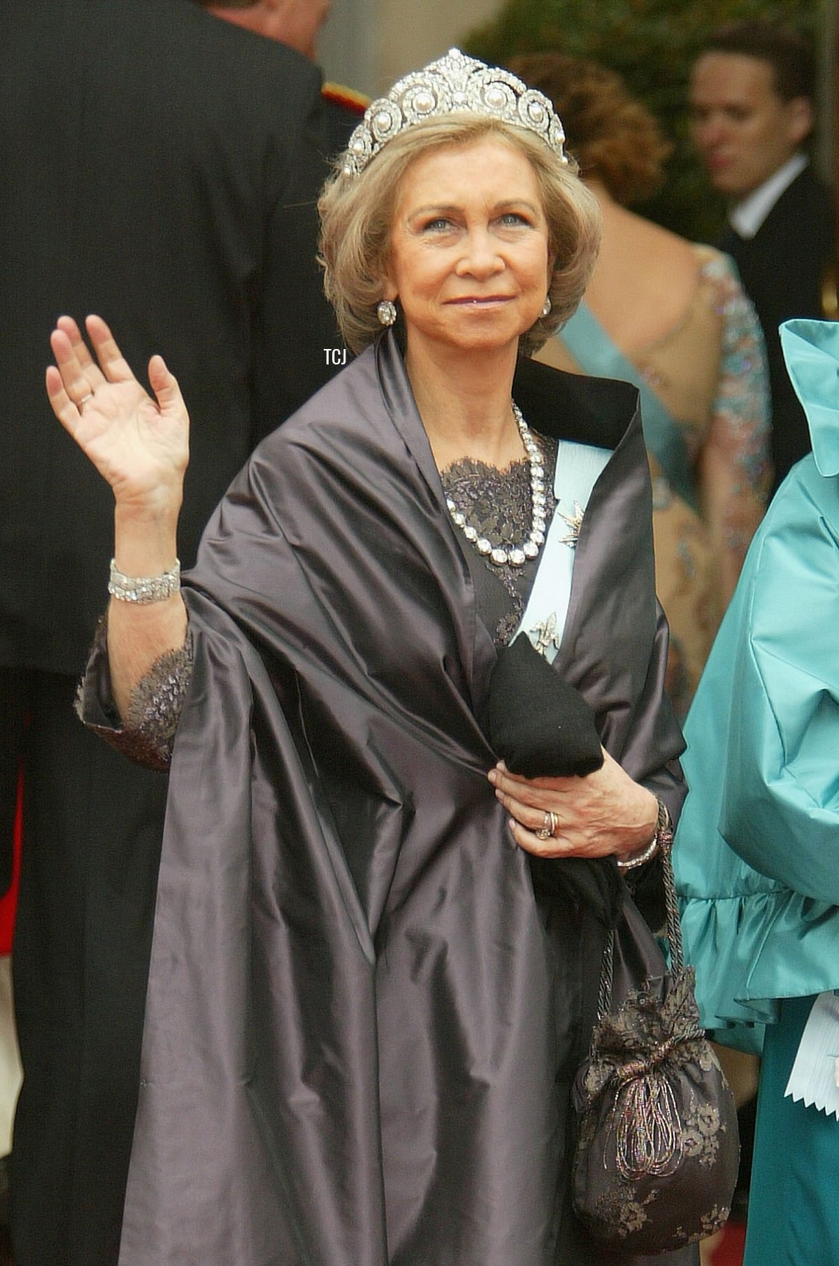Queen Sofia of Spain attends the wedding of Danish Crown Prince Frederik and Miss Mary Elizabeth Donaldson in Copenhagen Cathedral May 14, 2004 in Copenhagen