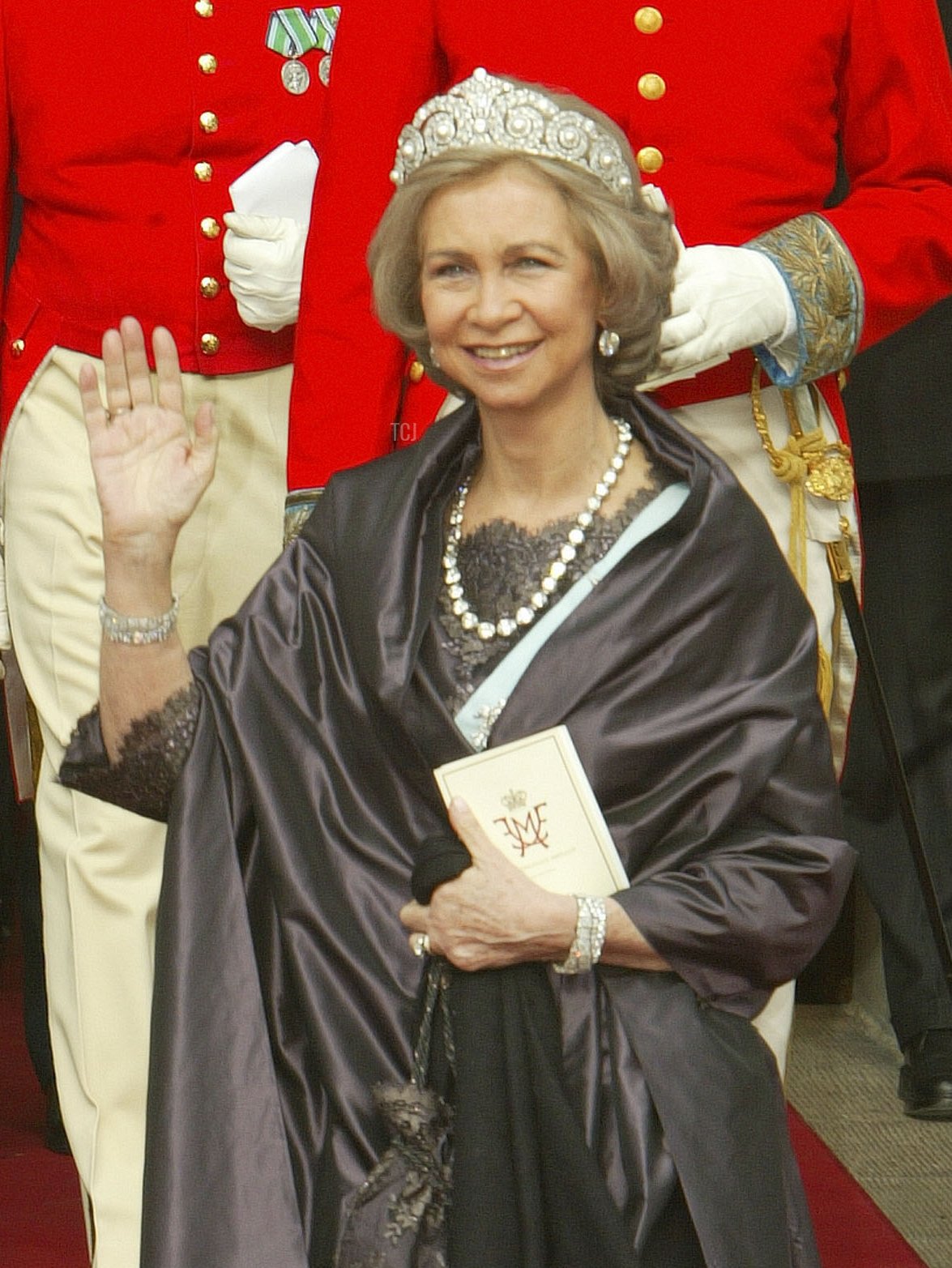 Queen Sofia of Spain attends the wedding of Danish Crown Prince Frederik and Miss Mary Elizabeth Donaldson in Copenhagen Cathedral May 14, 2004 in Copenhagen