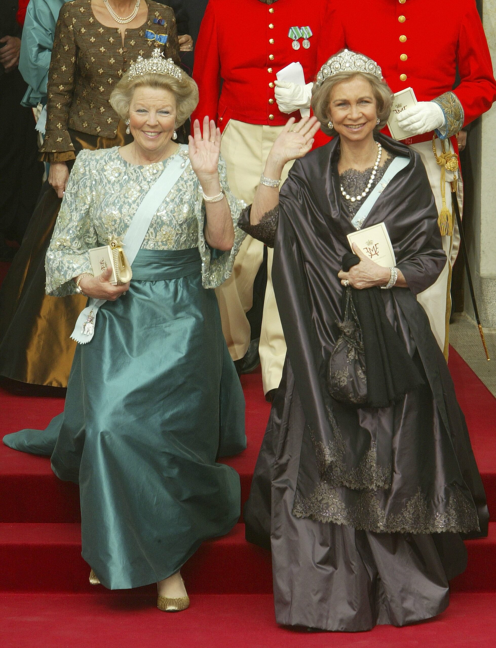 Queen Sofia of Spain attends the wedding of Danish Crown Prince Frederik and Miss Mary Elizabeth Donaldson in Copenhagen Cathedral May 14, 2004 in Copenhagen