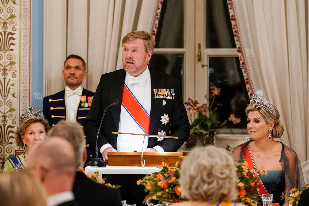 Queen Sonja, King Willem-Alexander and Queen Maxima of the Netherlands during a gala dinner at the Palace during the first day of the state visit from the Netherlands