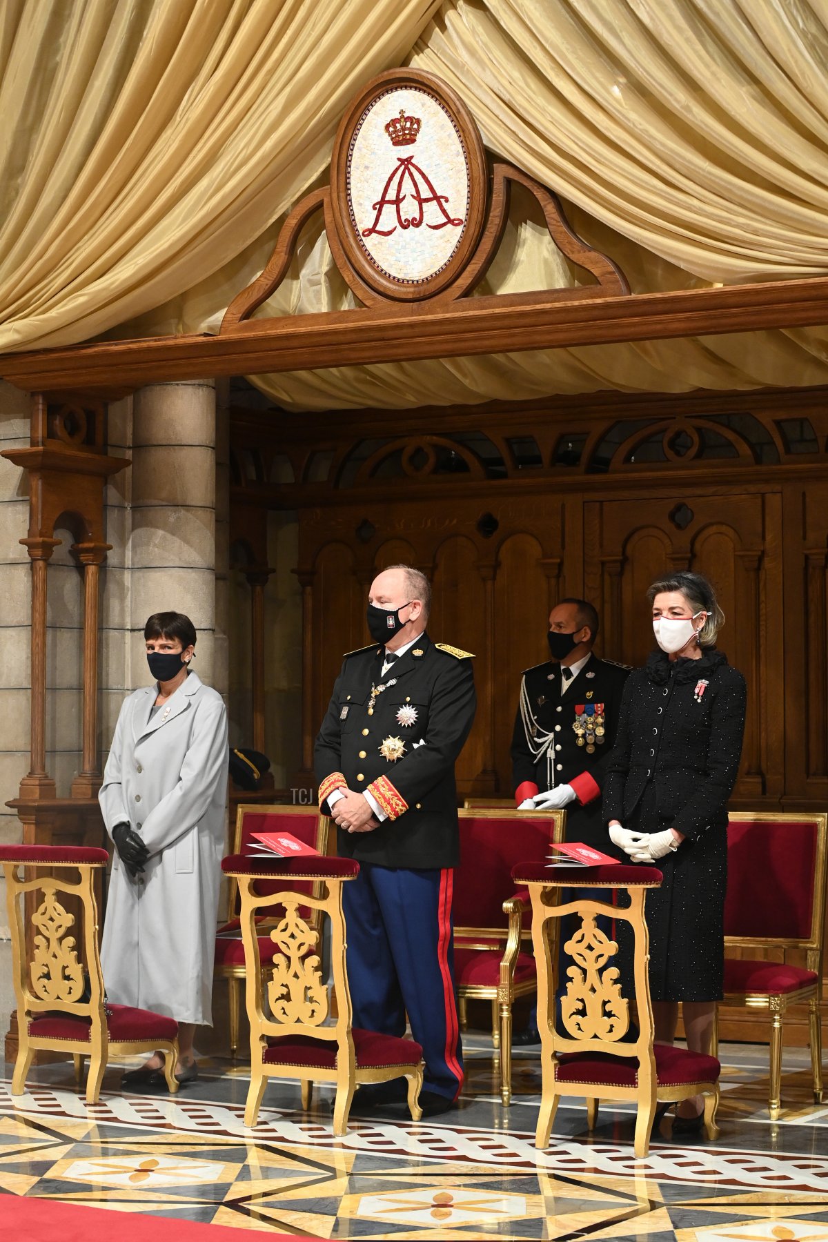 Princess Stephanie of Monaco, Prince Albert II of Monaco and Princess Caroline of Hanover attend a thanksgiving mass at the Cathedral of Monaco during the Monaco National Day Celebrations on November 19, 2021 in Monte-Carlo, Monaco