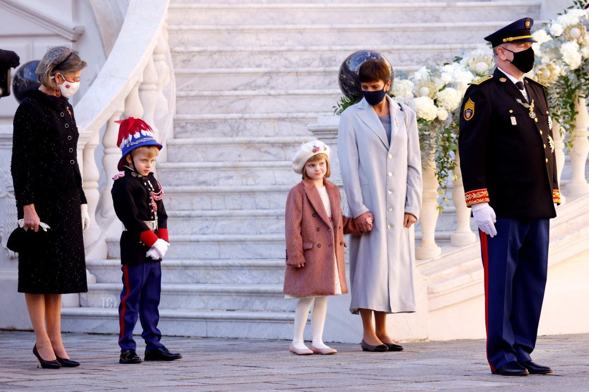 Members of Monaco's royal family Prince Albert II of Monaco (R), Princess Caroline of Hanover (L), Princess Stephanie (2ndR), Prince Jacques and Princess Gabriella attend celebrations marking Monaco's National Day at the Palace in Monaco, on November 19, 2021