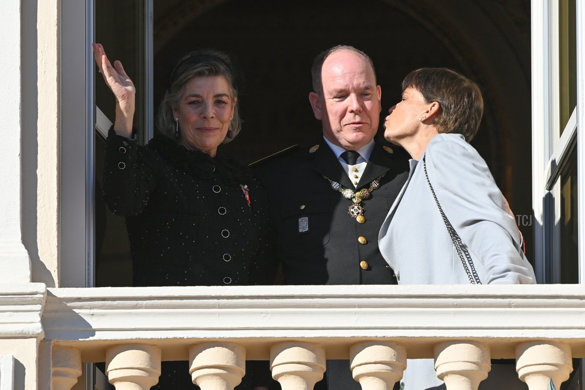 Princess Caroline of Hanover, Prince Albert II of Monaco and Princess Stephanie of Monaco appear at the Palace balcony during the Monaco National Day Celebrations on November 19, 2021 in Monte-Carlo, Monaco