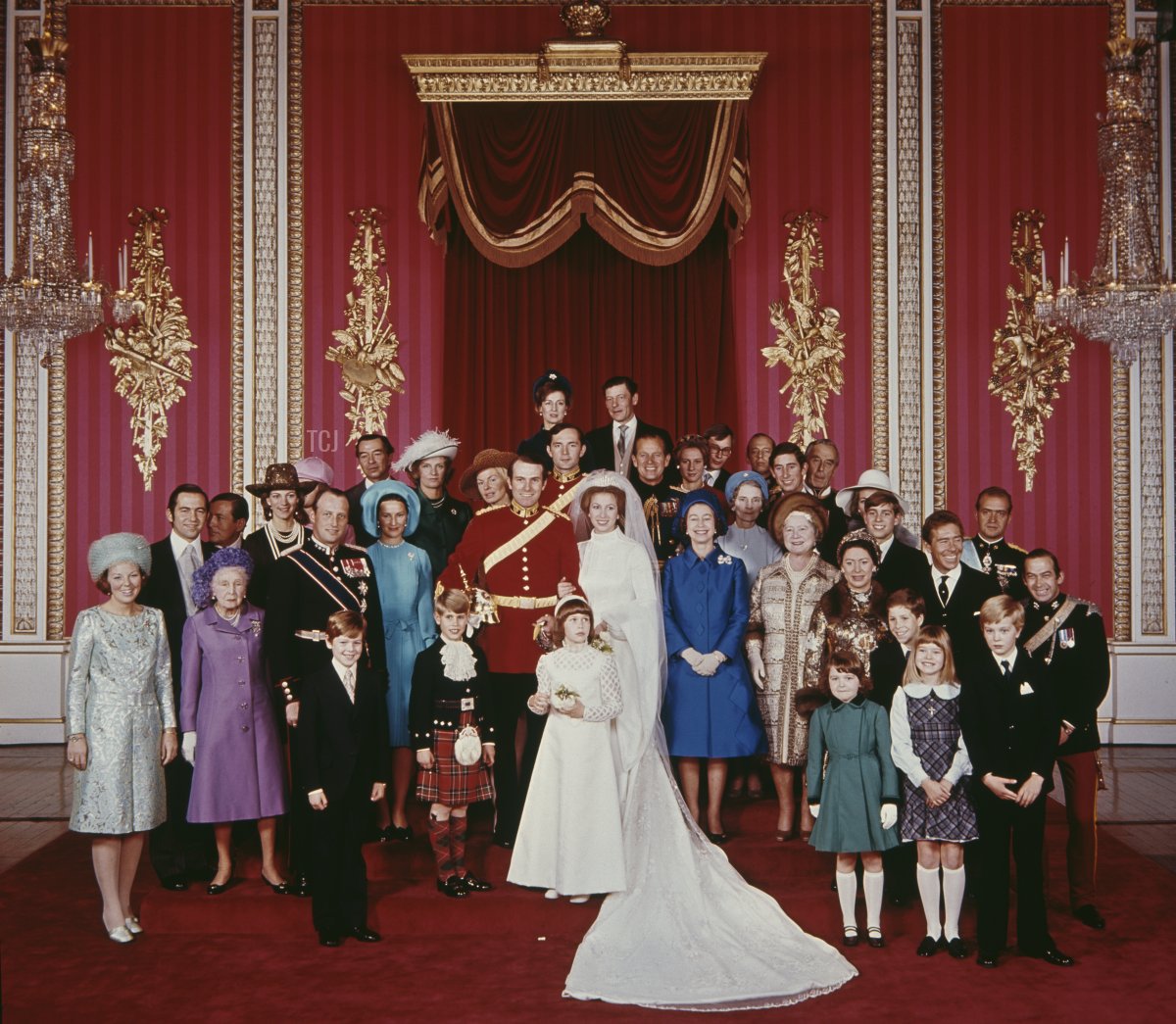 The wedding of Anne, Princess Royal to Mark Phillips, London, UK, 14th November 1973. Also pictured are Queen Elizabeth II, the Queen Mother, Princess Margaret, Prince Philip, Prince Charles, Viscount Linley, Katharine, Duchess of Kent, Queen Beatrix of the Netherlands, King Constantine II of Greece, King Juan Carlos I of Spain, and King Harald V of Norway and Queen Sonja of Norway