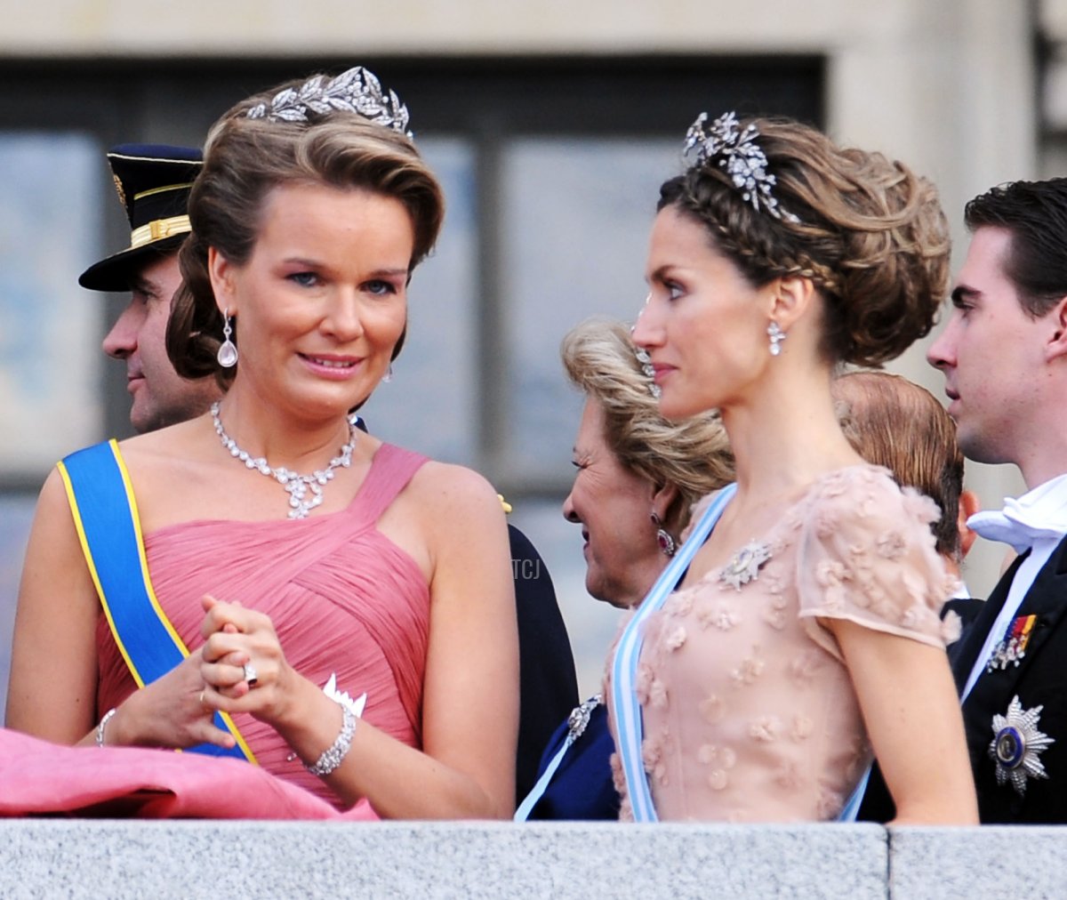 Crown Princess Mathilde of Belgium and Crown Princess Letizia of Spain appear on the Lejonbacken Terrace after their wedding ceremony on June 19, 2010 in Stockholm, Sweden