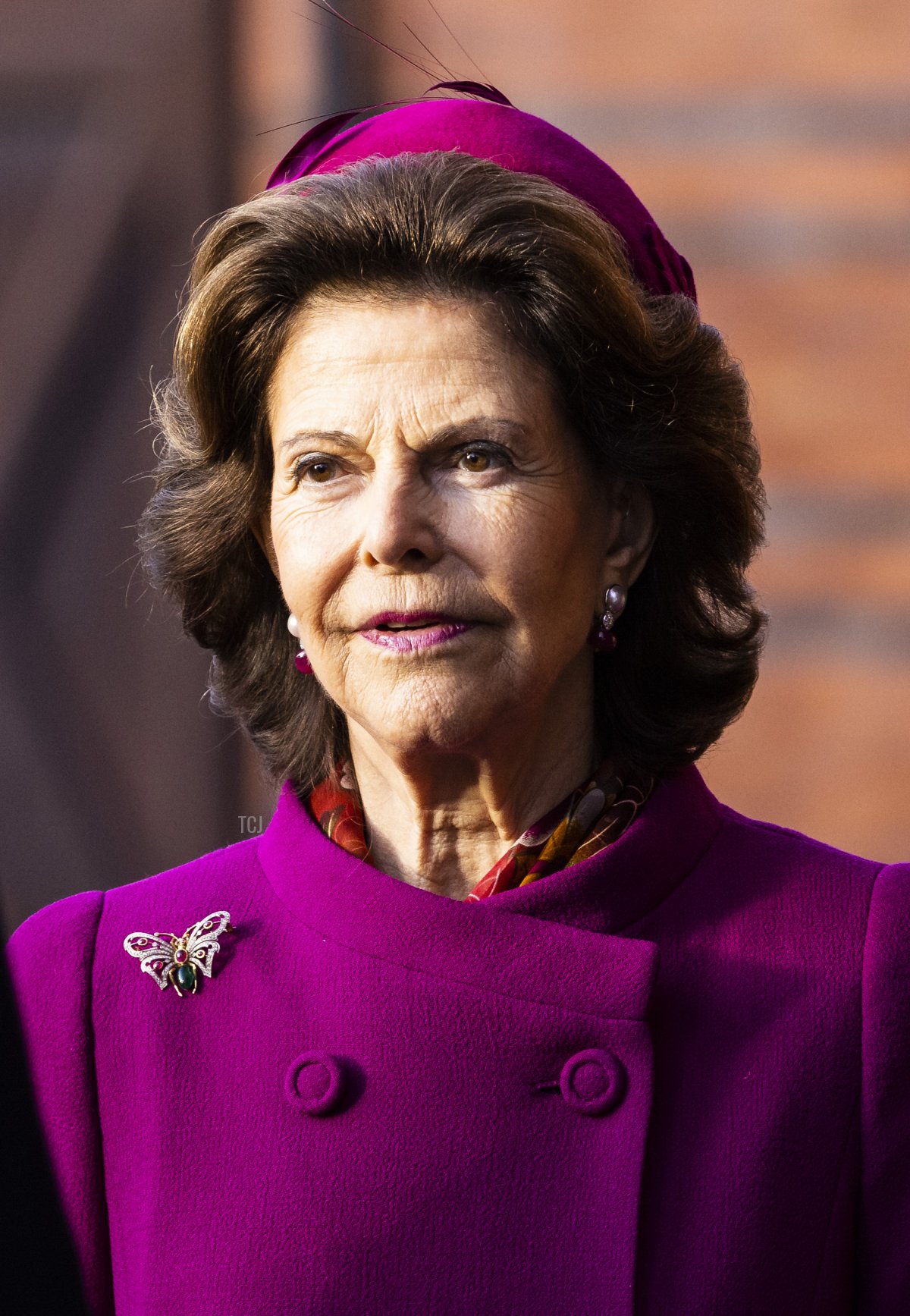 Queen Silvia of Sweden visits the Royal Stable during a visit from the Spanish royal family on November 24, 2021 in Stockholm, Sweden