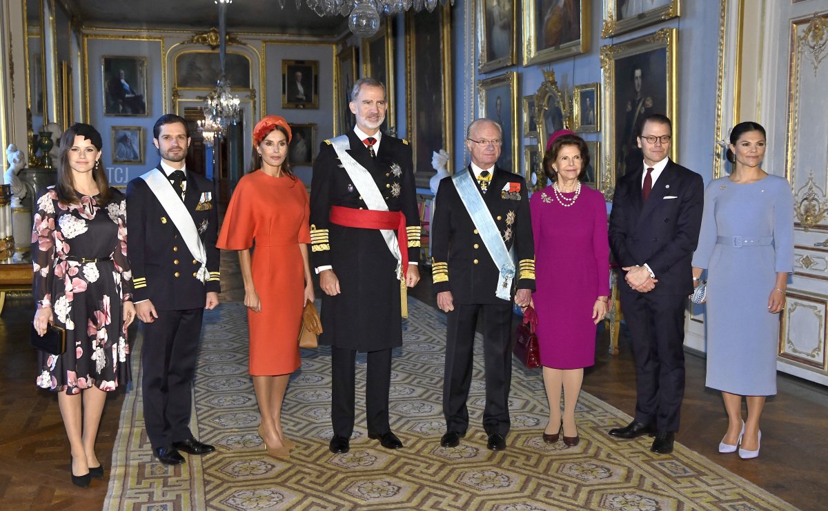 Princess Sofia of Sweden, Prince Carl Philip of Sweden, Queen Letizia of Spain, King Felipe of Spain, King Carl XVI Gustaf of Sweden, Queen Silvia of Sweden, Prince Daniel and Crown Princess Victoria of Sweden pose during an official welcoming ceremony at the Royal Palace in Stockholm, Sweden, on November 24, 2021