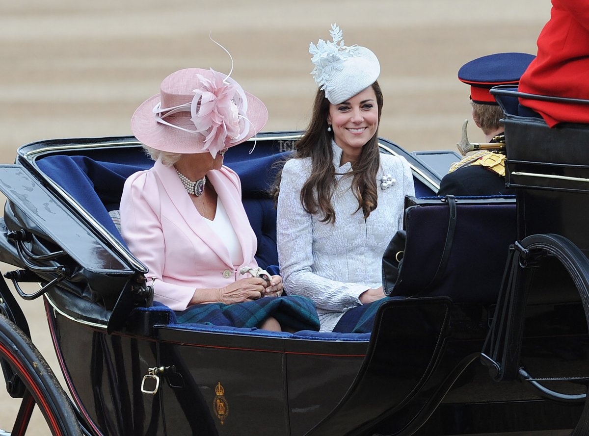 Camilla, Duchess Of Cornwall, Catherine, Duchess of Cambridge and Prince Harry arrive for Trooping the Colour at The Royal Horseguards on June 14, 2014 in London, England