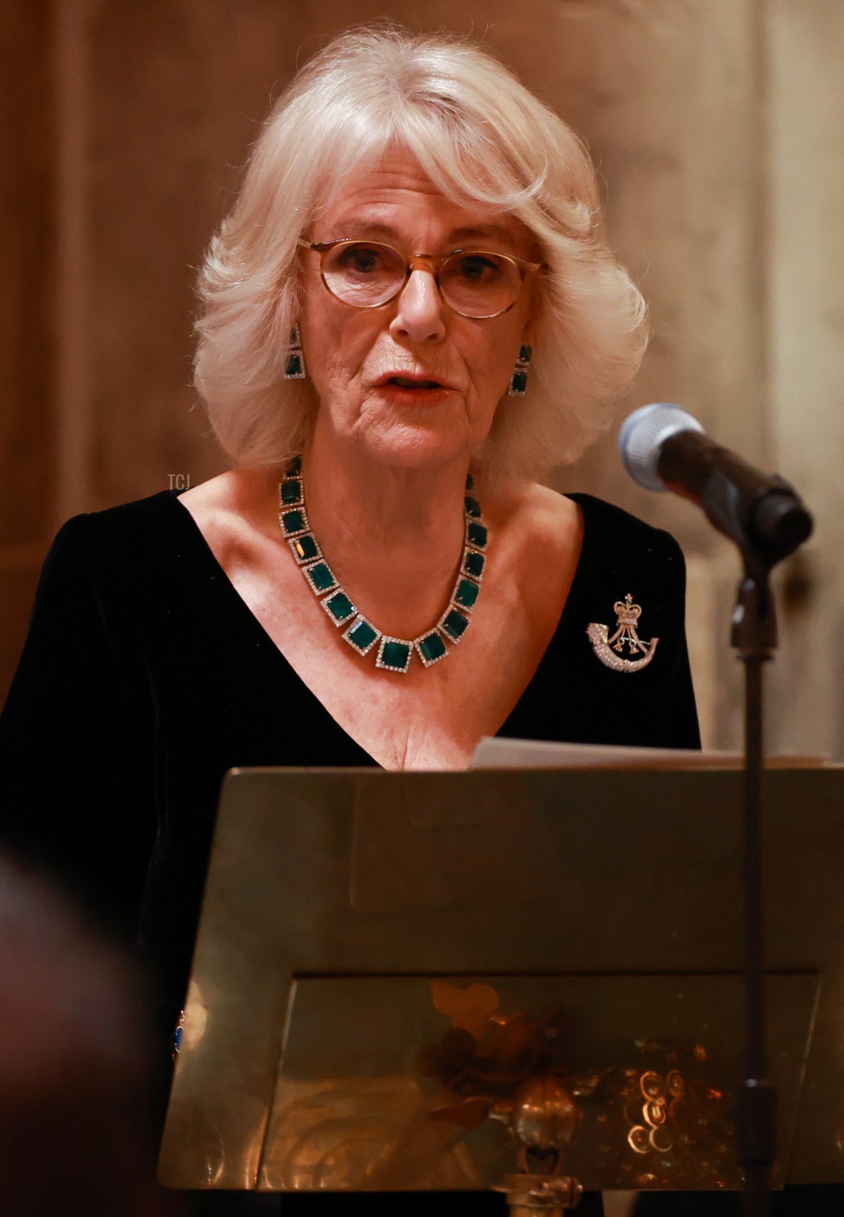Camilla, Duchess of Cornwall, delivers a speech during the biennial Rifles Awards Dinner at the City of London Guildhall on November 24, 2021 in London, England
