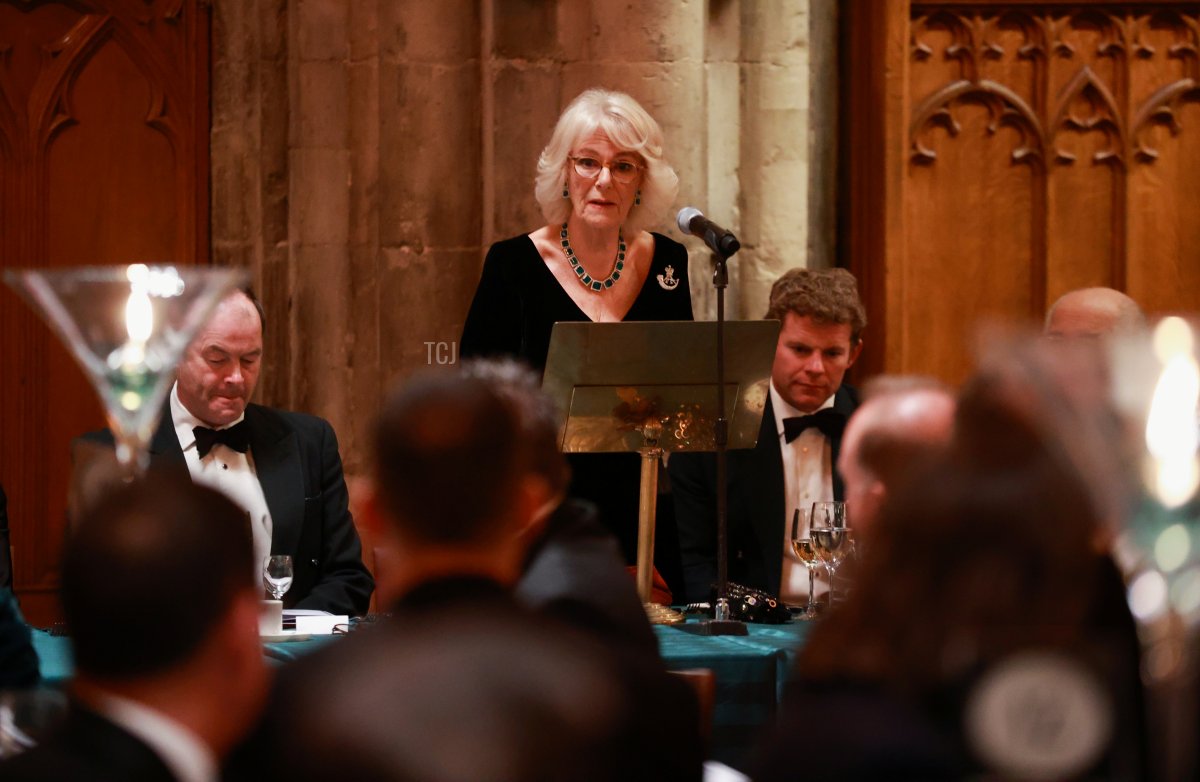 Camilla, Duchess of Cornwall, delivers a speech during the biennial Rifles Awards Dinner at the City of London Guildhall on November 24, 2021 in London, England