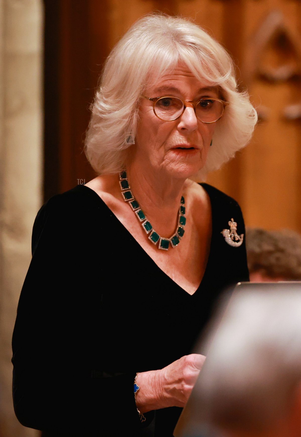 Camilla, Duchess of Cornwall, delivers a speech during the biennial Rifles Awards Dinner at the City of London Guildhall on November 24, 2021 in London, England