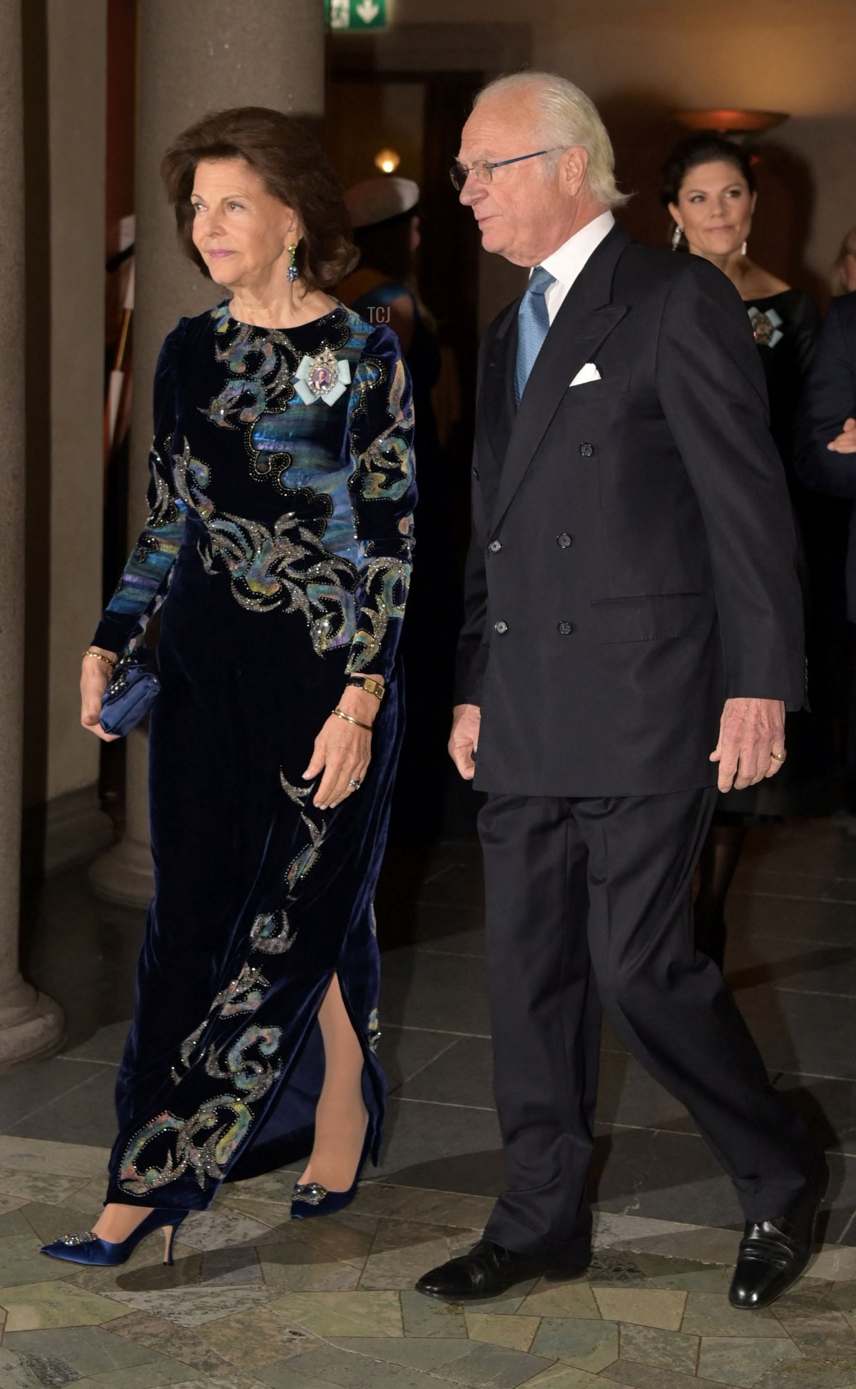 Sweden's Queen Silvia and King Carl XVI Gustaf arrive for a ceremony to pay tribute to the 2021 Nobel Prize laureates at the Stockholm City Hall in Stockholm, Sweden on December 10, 2021