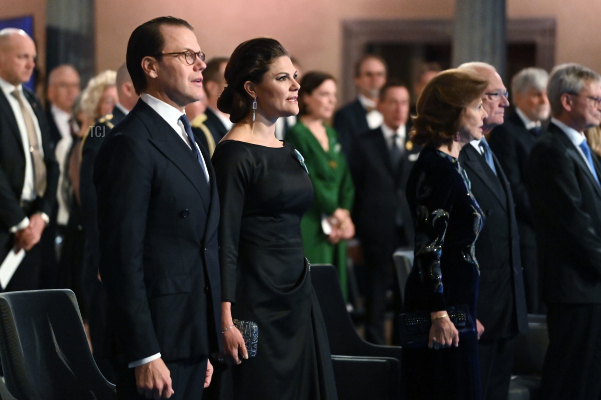 Prince Daniel of Sweden, Crown Princess Victoria of Sweden, Queen Silvia of Sweden and King Carl XVI Gustaf of Sweden attend the Nobel Prize Awards ceremony at the Concert Hall on December 10, 2021 in Stockholm, Sweden