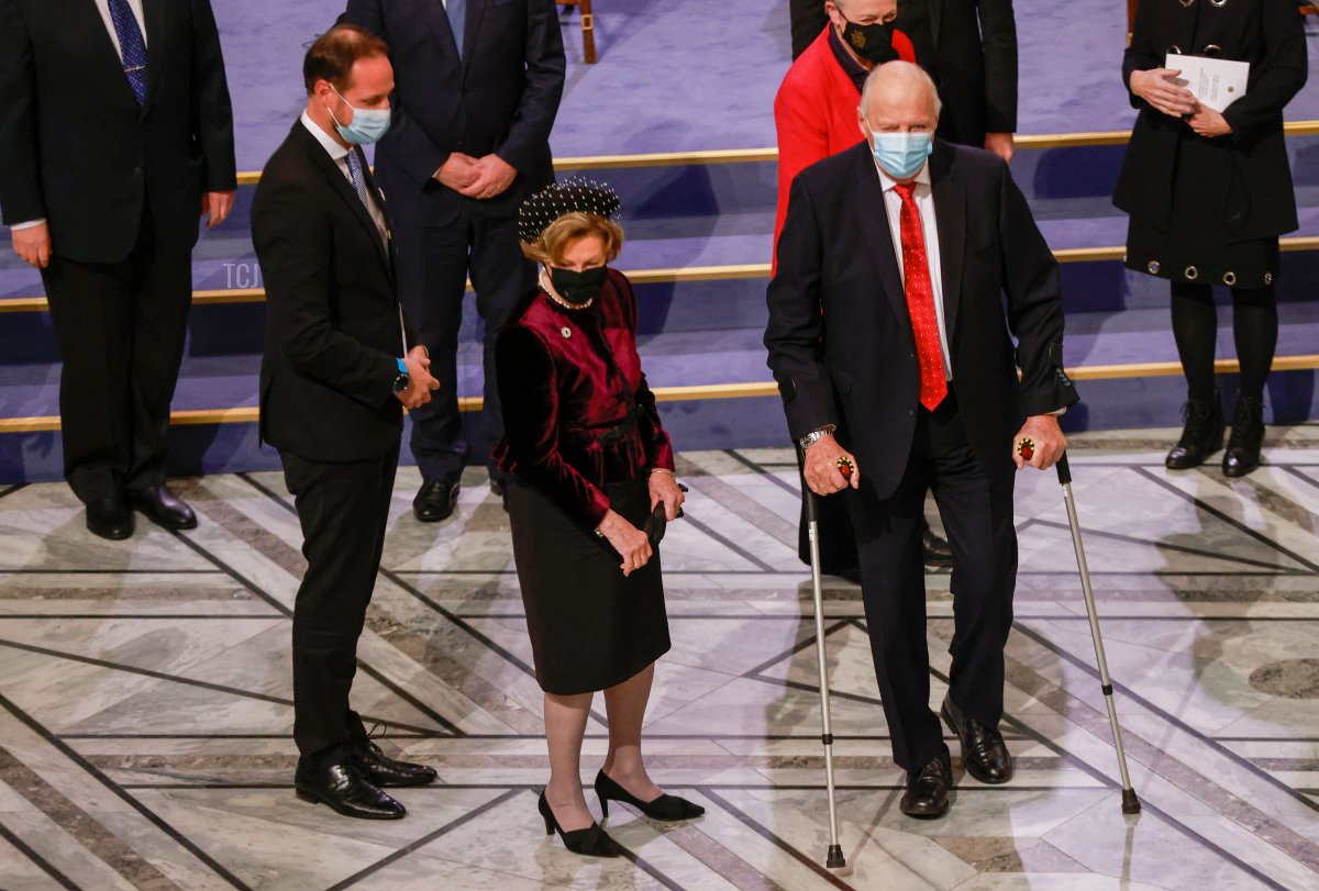 King Harald of Norway (R), Queen Sonja (C), Crown Prince Haakon (L) leave after attending the Nobel Peace Prize award ceremony on December 10, 2021 at the City Hall in Oslo